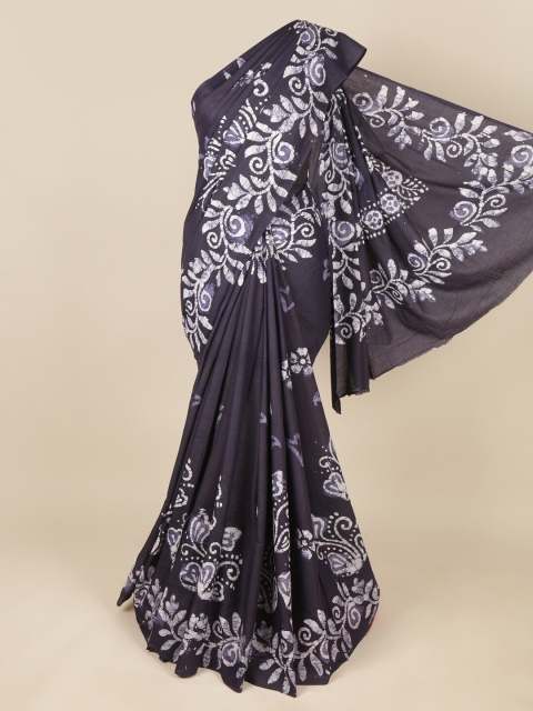 

Pothys Navy Blue & Off White Floral Zari Pure Cotton Saree