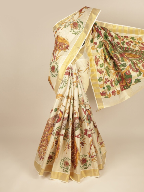 

Pothys Gold-Toned & Green Floral Pure Cotton Saree