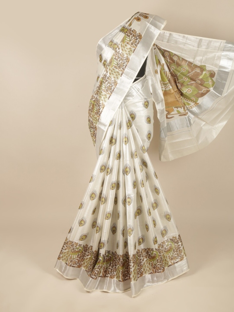 

Pothys Silver-Toned & Brown Floral Printed Zari Pure Cotton Saree