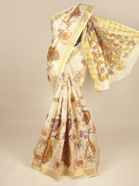 

Pothys Gold-Toned & White Floral Pure Cotton Saree
