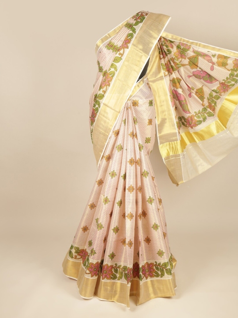 

Pothys Gold-Toned & Green Floral Zari Pure Cotton Saree