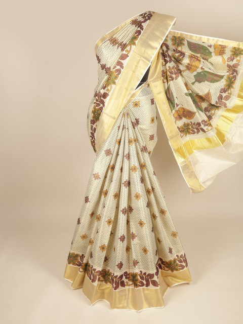 

Pothys Cream-Coloured & Brown Floral Zari Pure Cotton Saree
