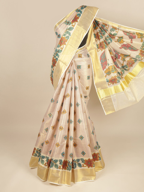 

Pothys Gold-Toned & Teal Floral Pure Cotton Saree