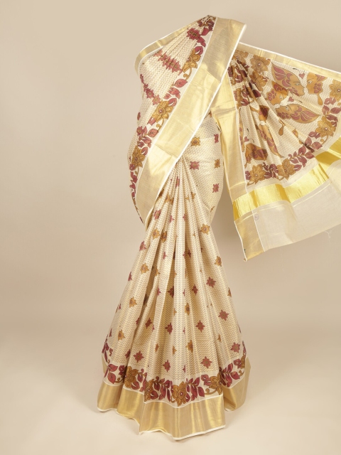 

Pothys Cream-Coloured & Brown Floral Zari Pure Cotton Saree