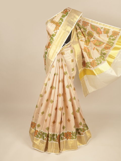 

Pothys Cream-Coloured & Brown Floral Pure Cotton Saree