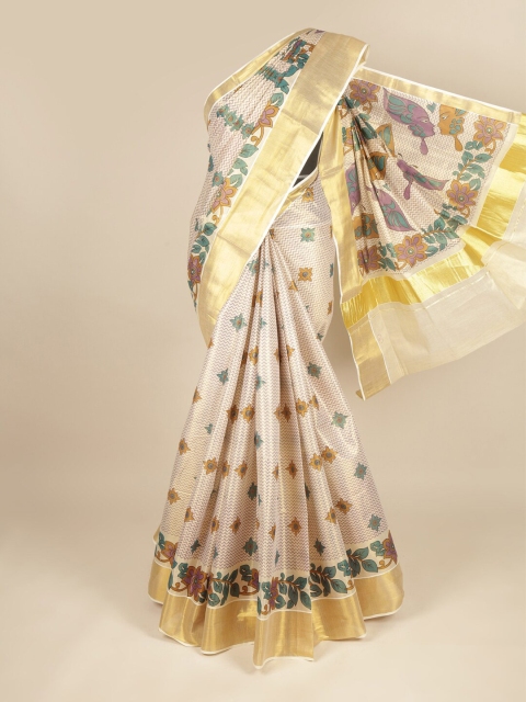 

Pothys Cream-Coloured & Green Ethnic Motifs Zari Pure Cotton Saree