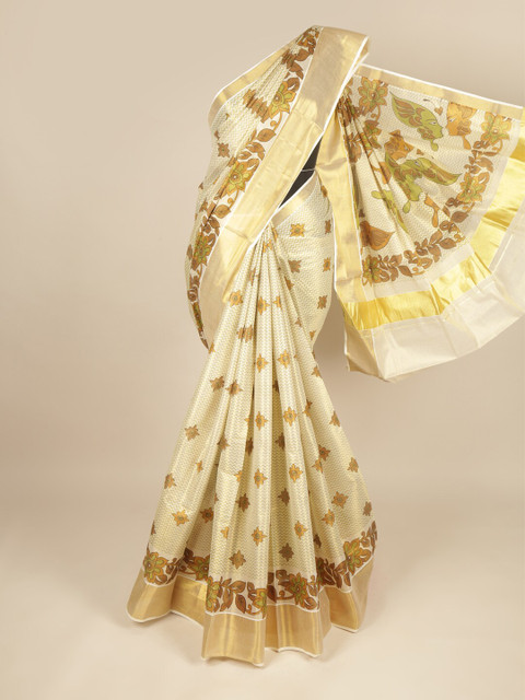 

Pothys Cream-Coloured & Brown Ethnic Motifs Pure Cotton Saree