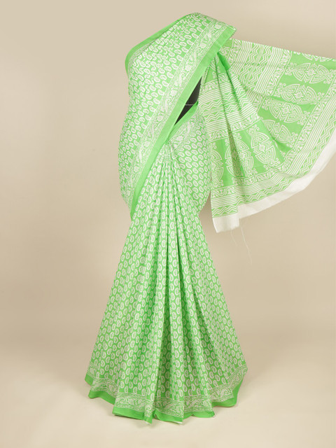 

Pothys Green & White Paisley Printed Pure Cotton Saree