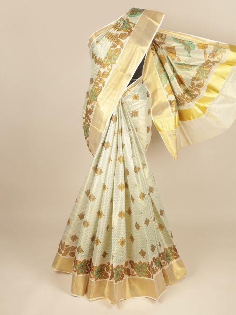 

Pothys Gold-Toned & Green Ethnic Motifs Zari Pure Cotton Saree
