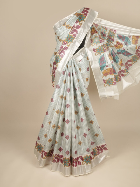 

Pothys Silver-Coloured & Teal Ethnic Motifs Zari Pure Cotton Saree