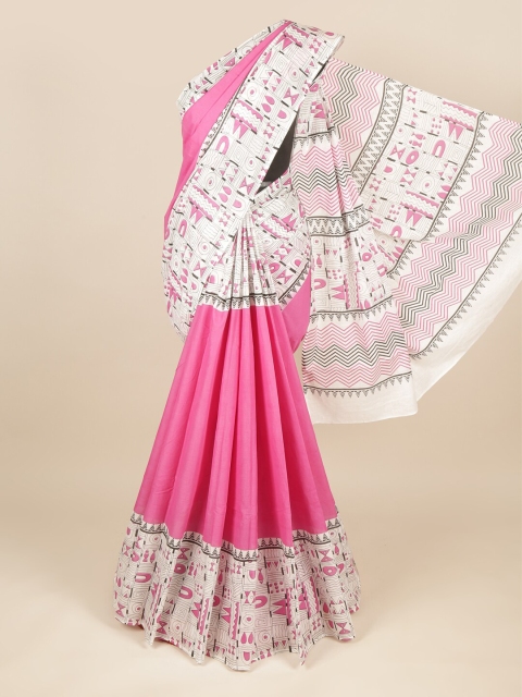 

Pothys Pink & White Ethnic Motifs Pure Cotton Saree