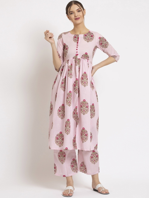 

ALC Creations Women Pink Floral Printed Pure Cotton Kurta With Trousers
