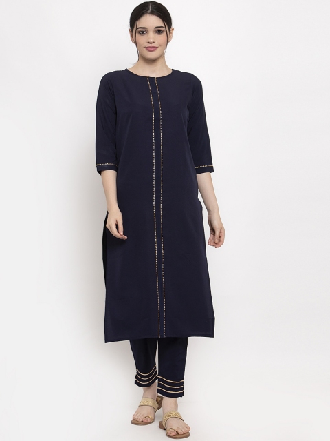 

ALC Creations Women Navy Blue Panelled Gotta Patti Kurta With Trousers