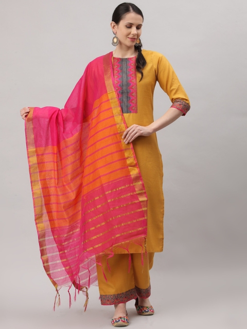 

ALC Creations Women Yellow Yoke Design Pure Cotton Kurta With Trousers & Dupatta