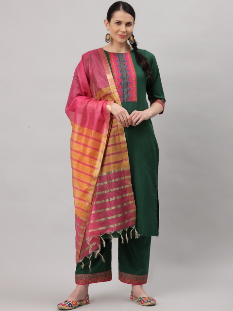 

ALC Creations Women Green Yoke Design Panelled Pure Cotton Kurta With Trousers & Dupatta