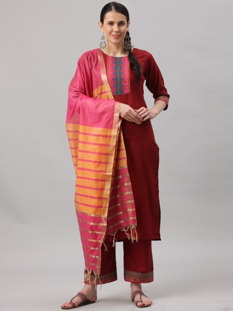 

ALC Creations Women Maroon Yoke Design Pure Cotton Kurta With Trousers & Dupatta