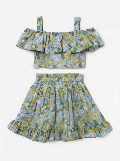 

Hopscotch Girls Blue Floral Printed Top with Skirt