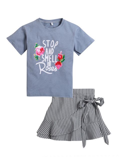 

Hopscotch Girls Blue & Grey Printed T-shirt with Skirt