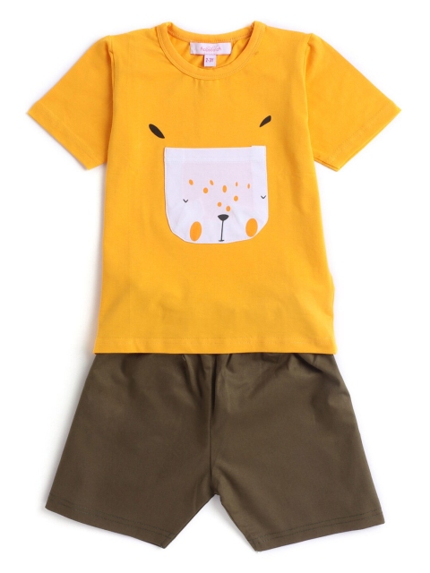 

Hopscotch Boys Yellow & Olive Green Pure Cotton Printed T-shirt with Shorts