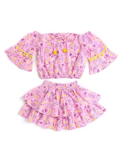 

Hopscotch Girls Pink & Yellow Floral Printed Top with Skirt