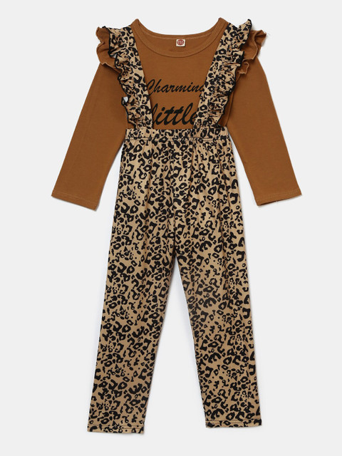 

Hopscotch Girls Brown Leopard Printed T Shirt with Dungaree