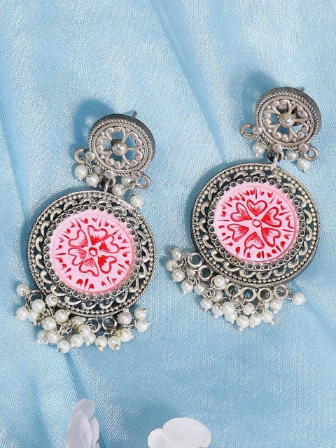 

Biba Silver-Toned & Red Circular Drop Earrings