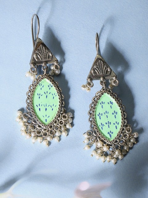 

Biba Silver-Toned & Green Contemporary Drop Earrings