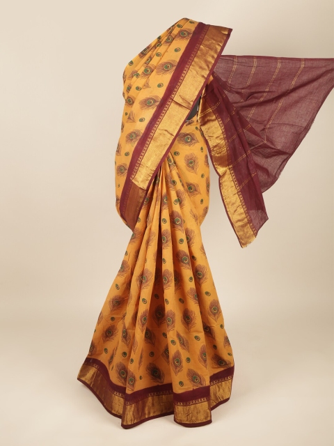 

Pothys Mustard & Brown Ethnic Motifs Printed Zari Pure Cotton Saree