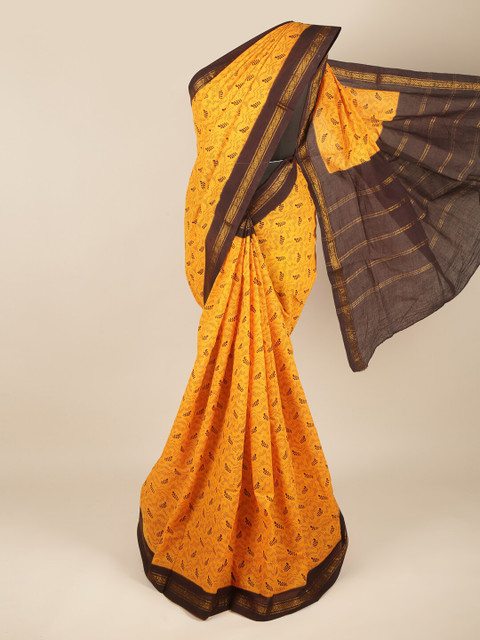 

Pothys Yellow & Brown Floral Zari Pure Cotton Saree