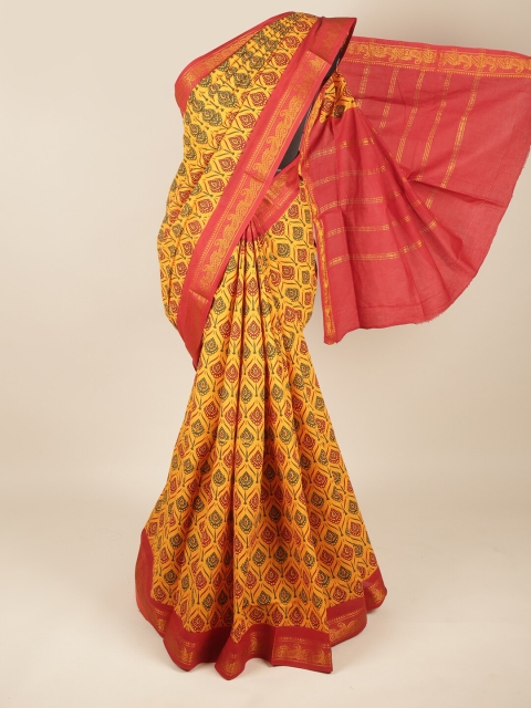 

Pothys Yellow & Red Ethnic Motifs Zari Pure Cotton Saree