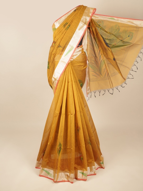 

Pothys Mustard & Silver-Toned Ethnic Motifs Zari Pure Cotton Saree