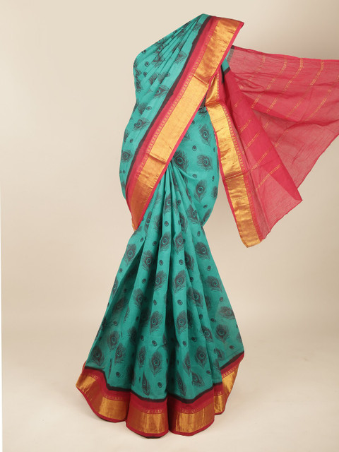 

Pothys Green & Red Ethnic Motifs Zari Pure Cotton Saree