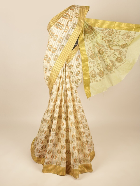 

Pothys Cream-Coloured & Green Paisley Pure Cotton Saree