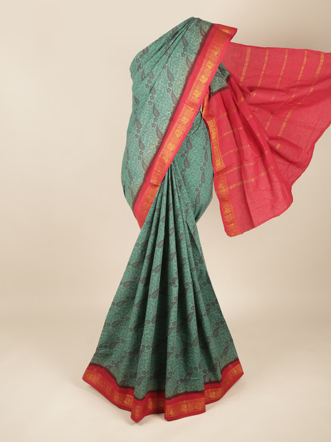 

Pothys Green & Red Paisley Printed Zari Pure Cotton Saree