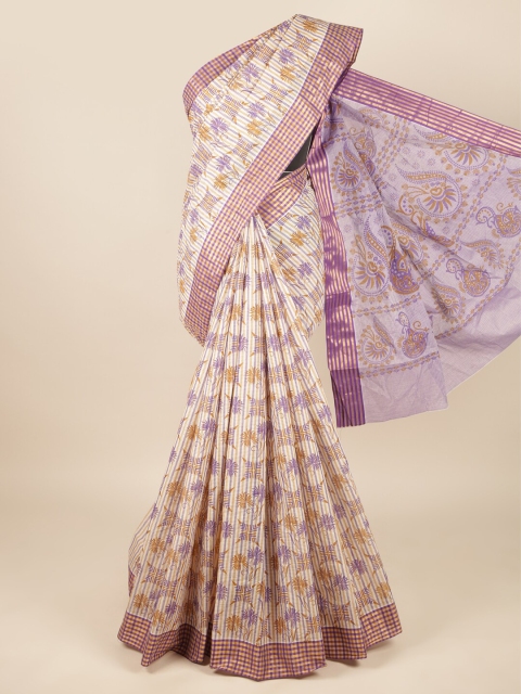 

Pothys Cream-Coloured & Purple Ethnic Motifs Pure Cotton Saree