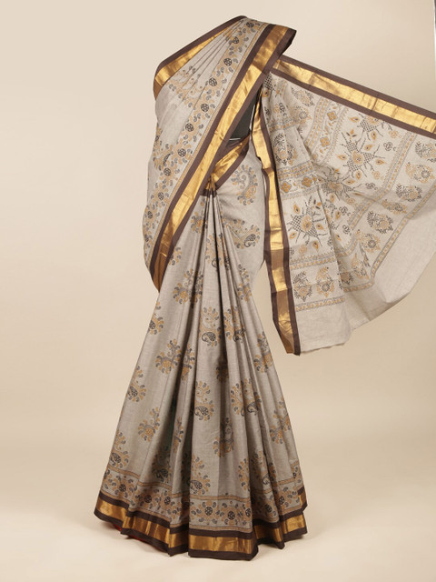 

Pothys Grey & Coffee Brown Ethnic Motifs Zari Pure Cotton Saree