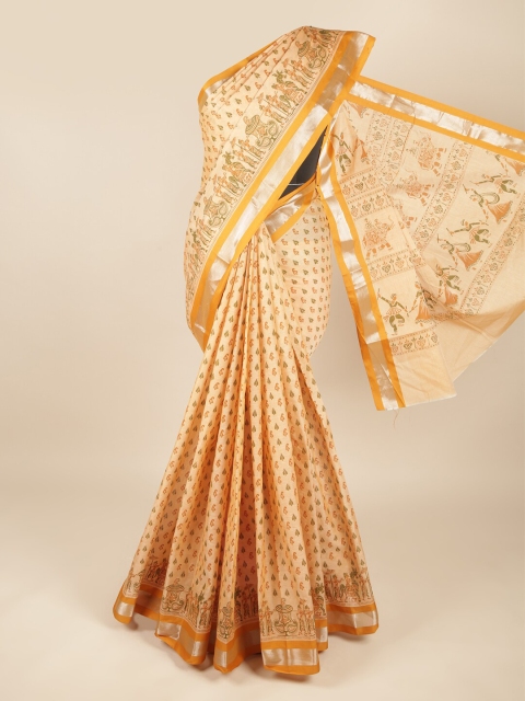 

Pothys Peach & Silver Ethnic Motifs Printed Pure Cotton Saree