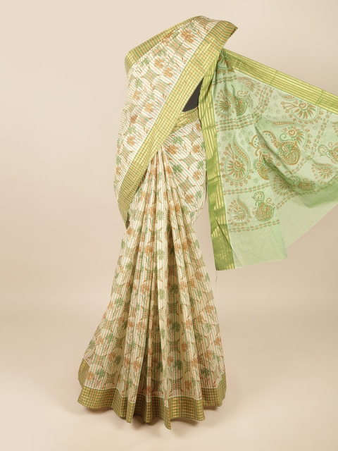 

Pothys Off White & Green Ethnic Motifs Zari Pure Cotton Saree