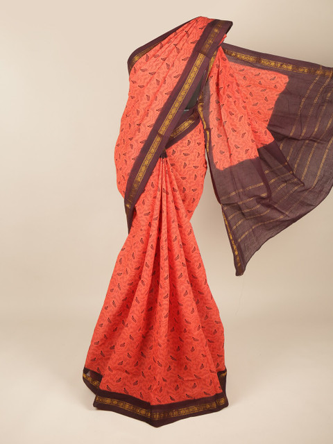

Pothys Coral & Brown Ethnic Motifs Zari Pure Cotton Saree