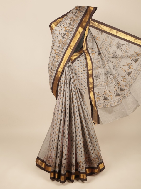 

Pothys Grey & Brown Ethnic Motifs Printed Zari Pure Cotton Saree