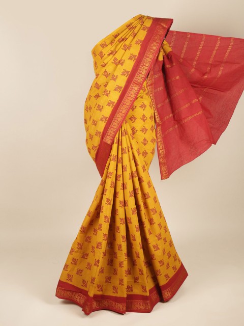 

Pothys Mustard & Red Ethnic Motifs Zari Pure Cotton Saree