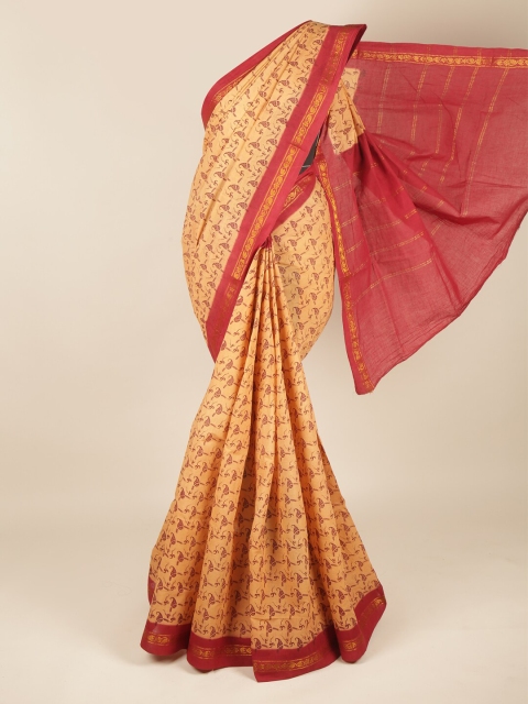 

Pothys Peach-Coloured & Red Paisley Zari Pure Cotton Saree