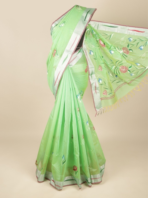 

Pothys Green & Silver-Toned Floral Pure Cotton Saree