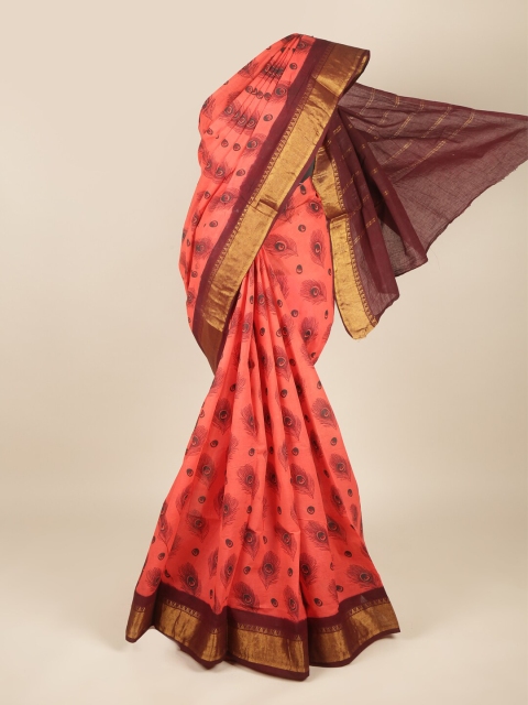 

Pothys Coral & Gold-Toned Ethnic Motifs Zari Pure Cotton Saree