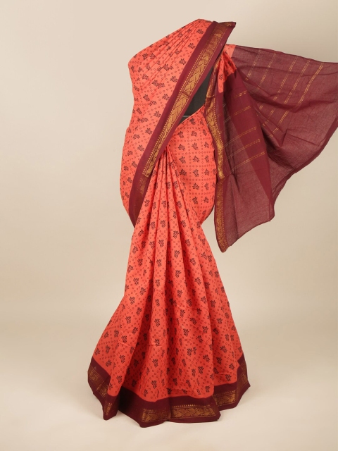 

Pothys Coral & Maroon Dabu Printed Pure Cotton Saree