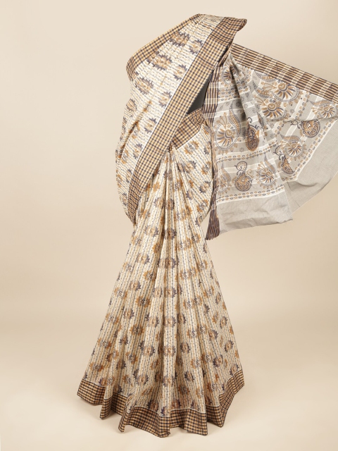 

Pothys Off White & Brown Ethnic Motifs Pure Cotton Saree