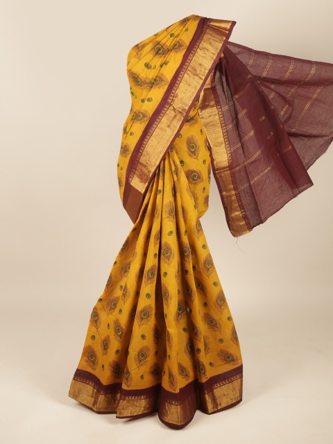 

Pothys Mustard & Maroon Ethnic Motifs Zari Pure Cotton Saree