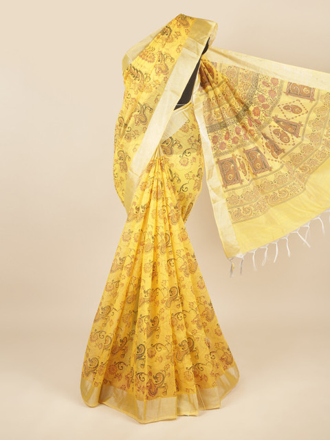 

Pothys Yellow & Silver Paisley Printed Pure Cotton Saree