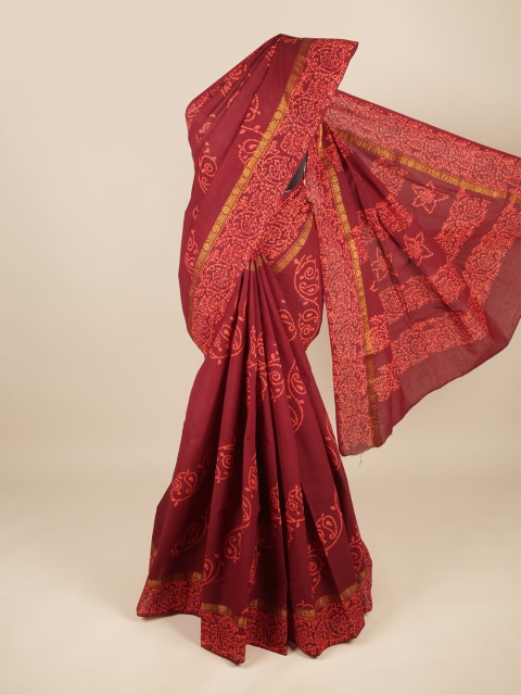 

Pothys Maroon & Orange Ethnic Motifs Zari Pure Cotton Saree