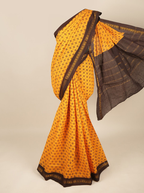 

Pothys Yellow & Coffee Brown Ethnic Motifs Printed Pure Cotton Saree